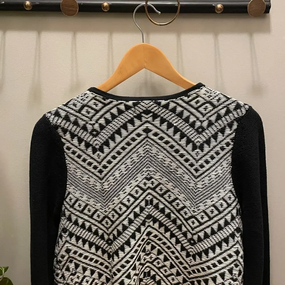 Lucky Brand Womens Large Aztec Pattern Sweater | Black & White Zip Knit Cardigan - Picture 4 of 9